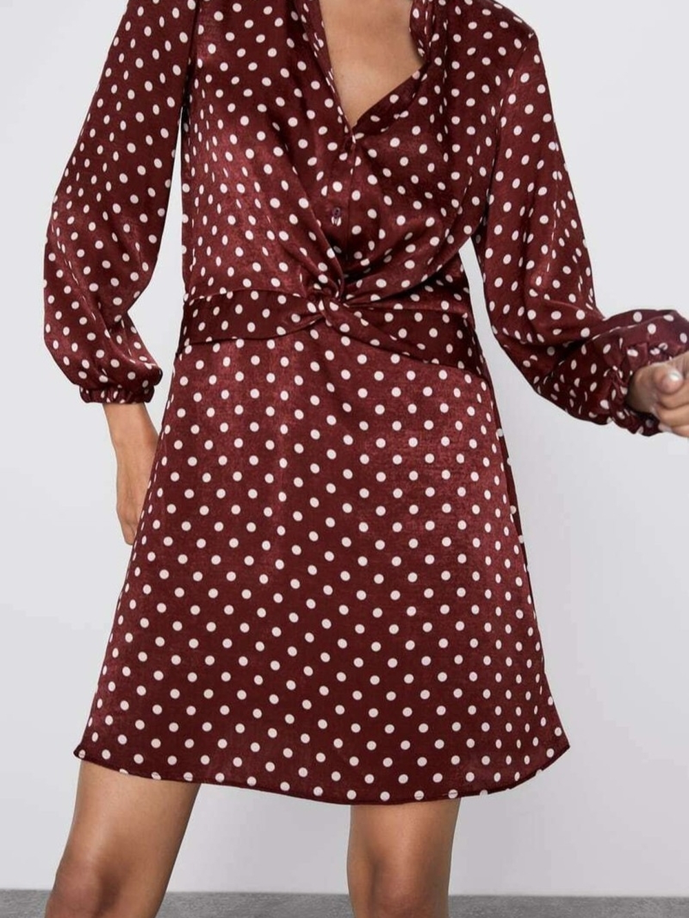 ZARA Polka Dot Twist-Front Mini Dress in Burgundy